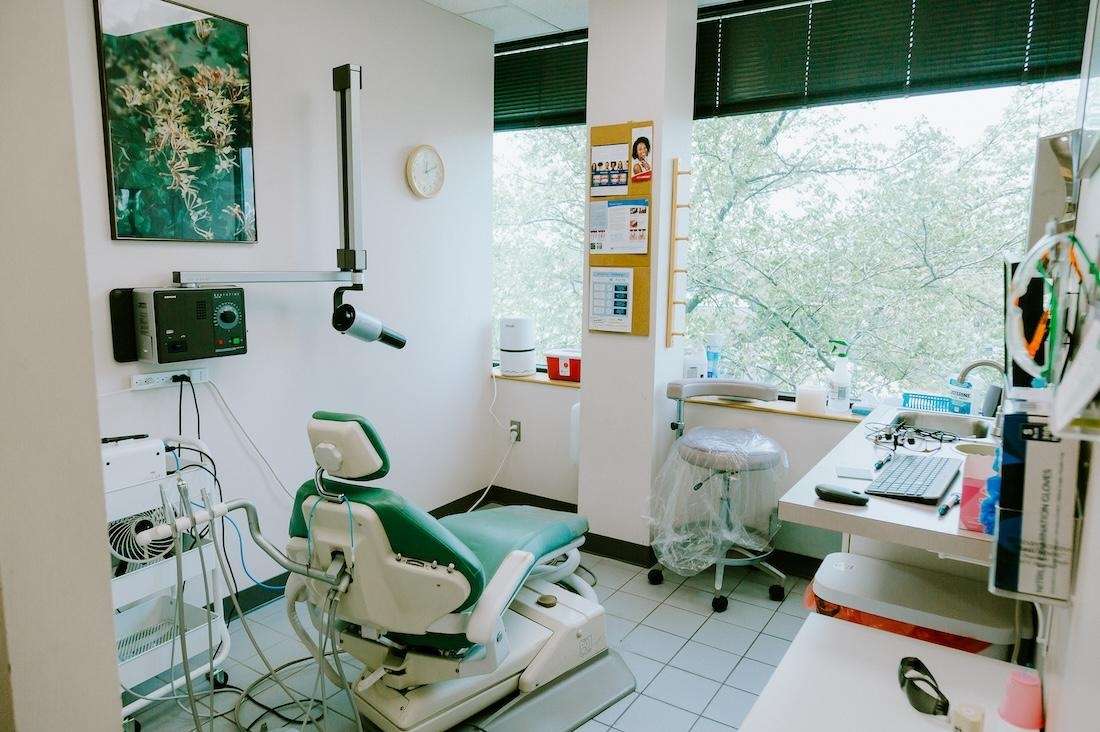 Operatory with Brown Dental Chair and Window View of Pineview Dental in Columbia, MD